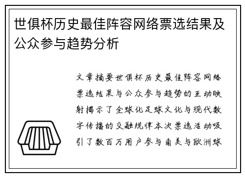 世俱杯历史最佳阵容网络票选结果及公众参与趋势分析
